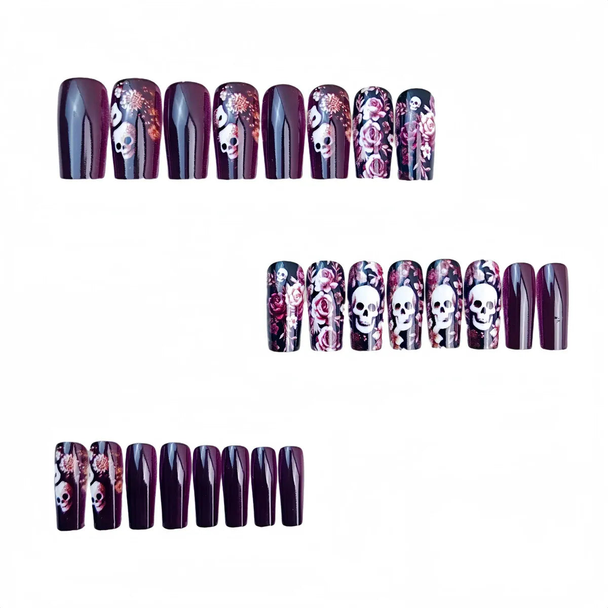 Kentrim Jelly Glue Purple Kentrim Skull & Roses Medium Coffin Press On Nails - 24 Pieces (12 Sizes)