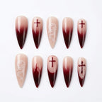 Kentrim Jelly Glue Red Kentrim Burgundy Blood Flame Dragon Cross Stiletto Press On Nails - 24 Pieces (12 Sizes)