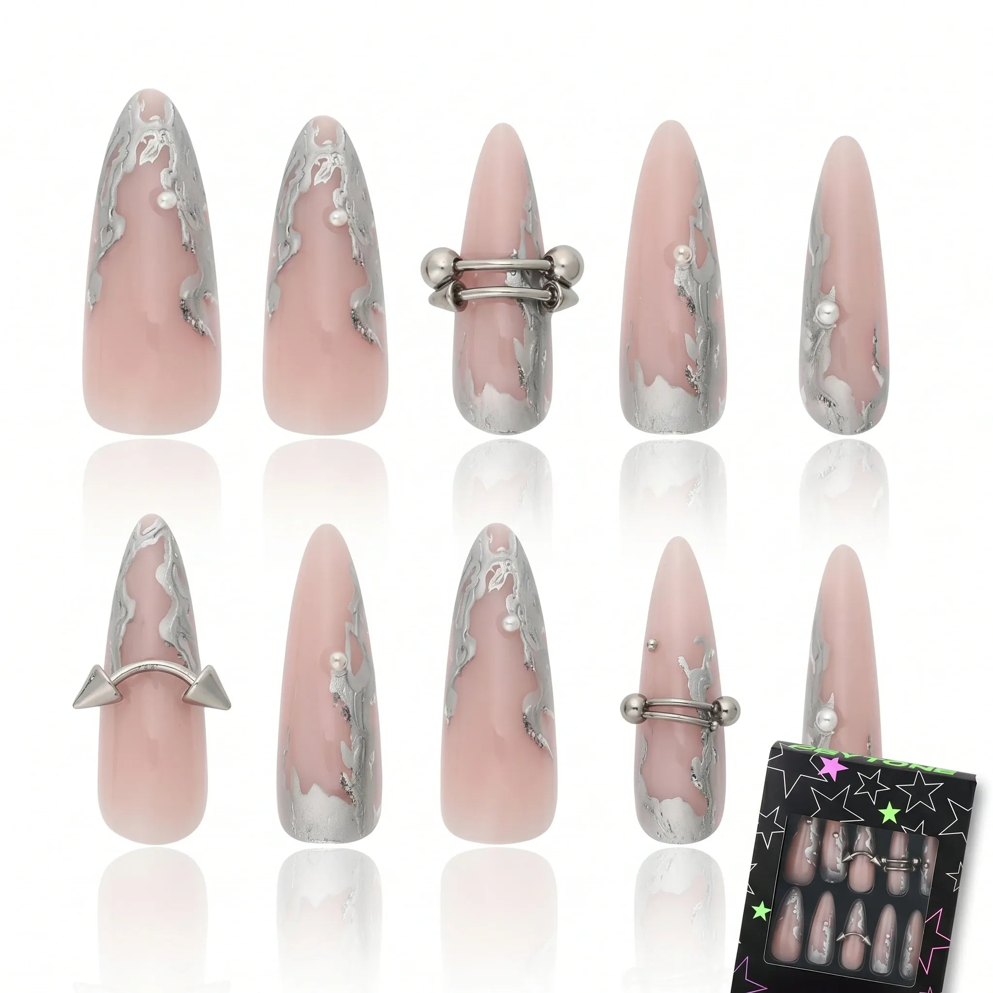 Kentrim Pink Silver Metallic Press On Nails - 30 Pieces, 15 Sizes Secondary image