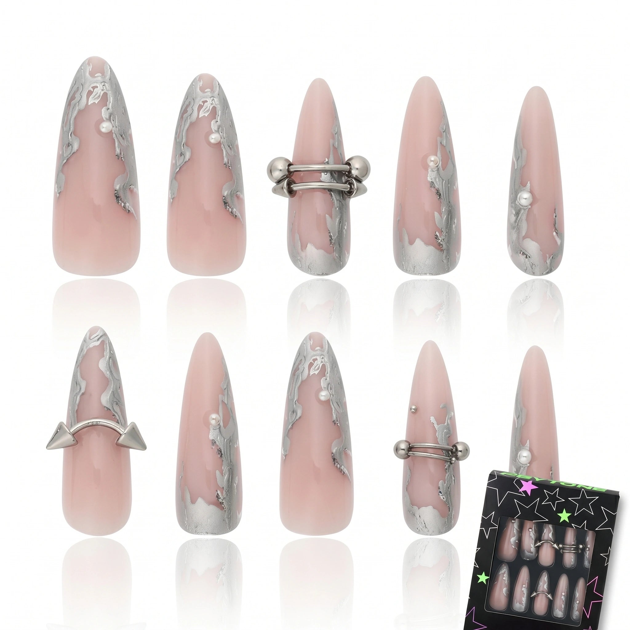 Kentrim Pink Silver Metallic Press On Nails - 30 Pieces, 15 Sizes Main image