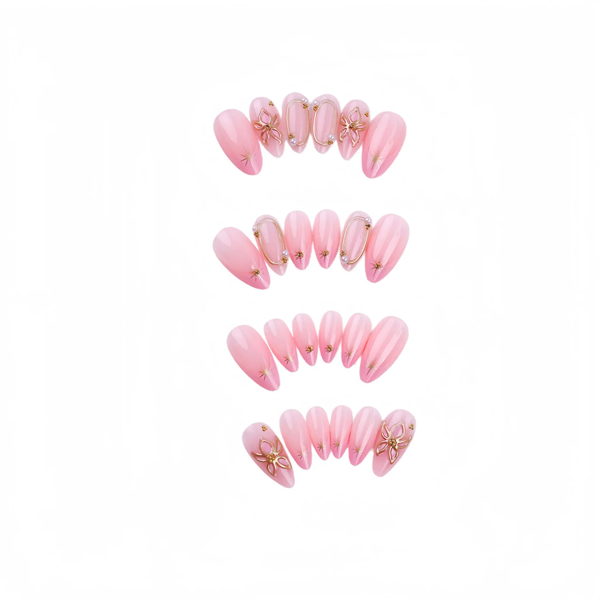 Kentrim Jelly Glue Pink Kentrim Gold Line Art Star & Pearl Press On Nails - 24 Pieces (12 Sizes)
