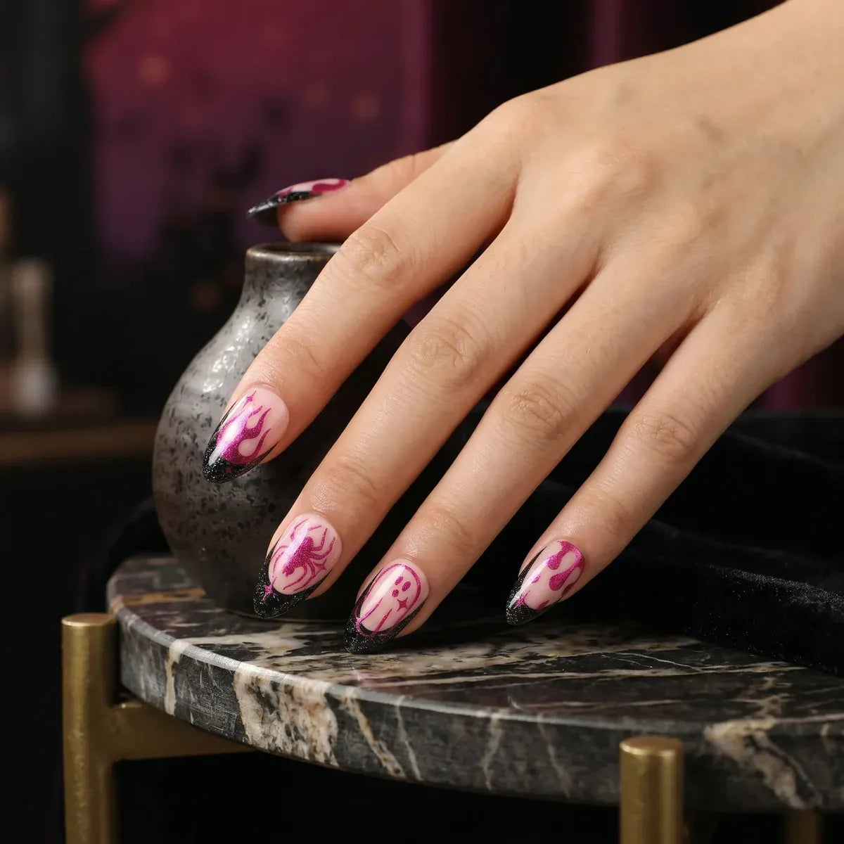 Kentrim Jelly Glue Pink Kentrim Pink Black Spider Ghost Short Almond Halloween Press On Nails - 24 Pieces (12 Sizes)