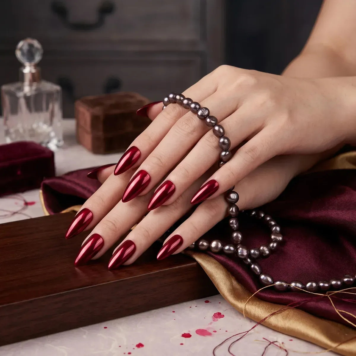 Kentrim Jelly Glue Red Kentrim Glossy Metallic Wine Red Long Stiletto Press On Nails - 24 Pieces (12 Sizes)