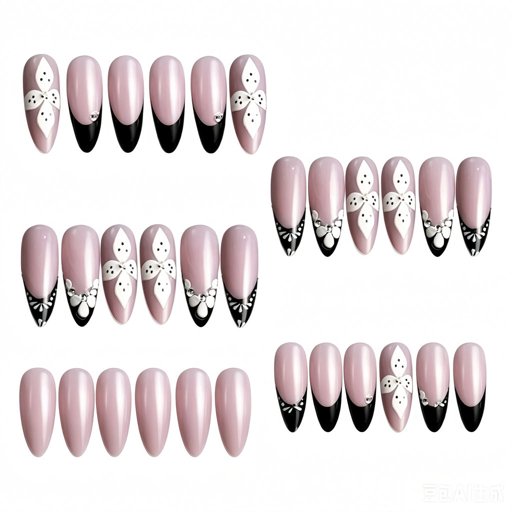 Kentrim Nude Black French Tip 3D Flower Rhinestone Medium Almond Press On Nails - 24 Pieces, 12 Sizes