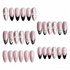 Kentrim Nude Black French Tip 3D Flower Rhinestone Medium Almond Press On Nails - 24 Pieces, 12 Sizes