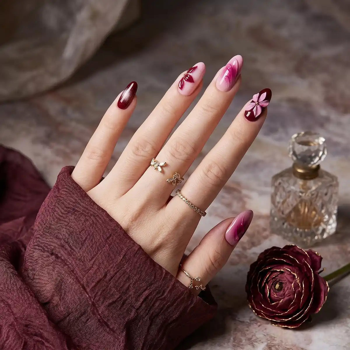 Kentrim Jelly Glue Pink Kentrim Pink & Burgundy Floral Almond Press On Nails-24 Pieces (12 Sizes)