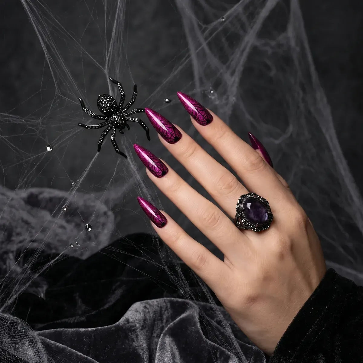 Kentrim Jelly Glue Hot Pink Kentrim Metallic Magenta Spider Web Long Stiletto Halloween Press On Nails - 24 Pieces (12 Sizes)