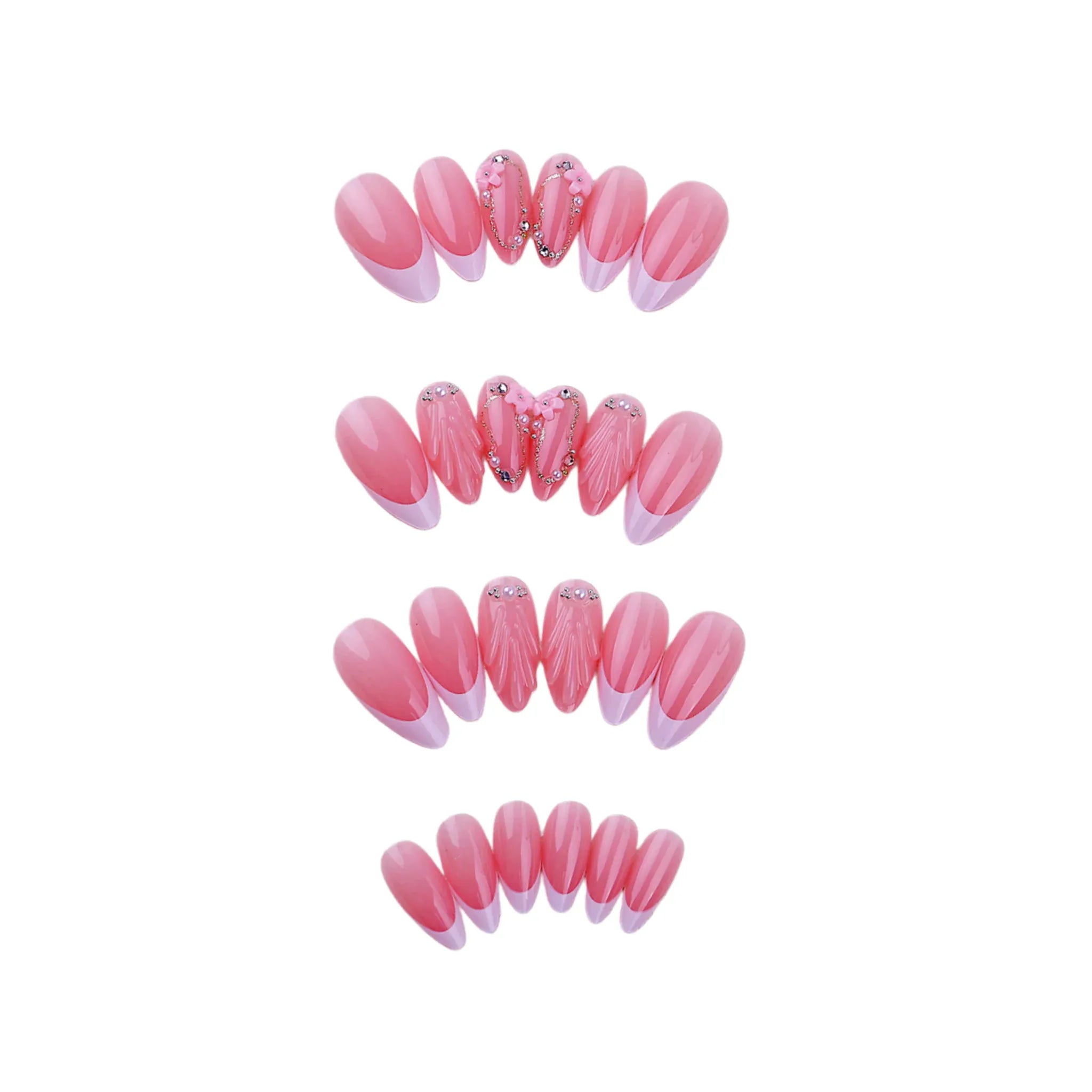 Kentrim Shell Texture Pearl & Rhinestone Chain press-on nails, 24-piece set with 12 sizes, showcasing elegant nail designs. Main image
