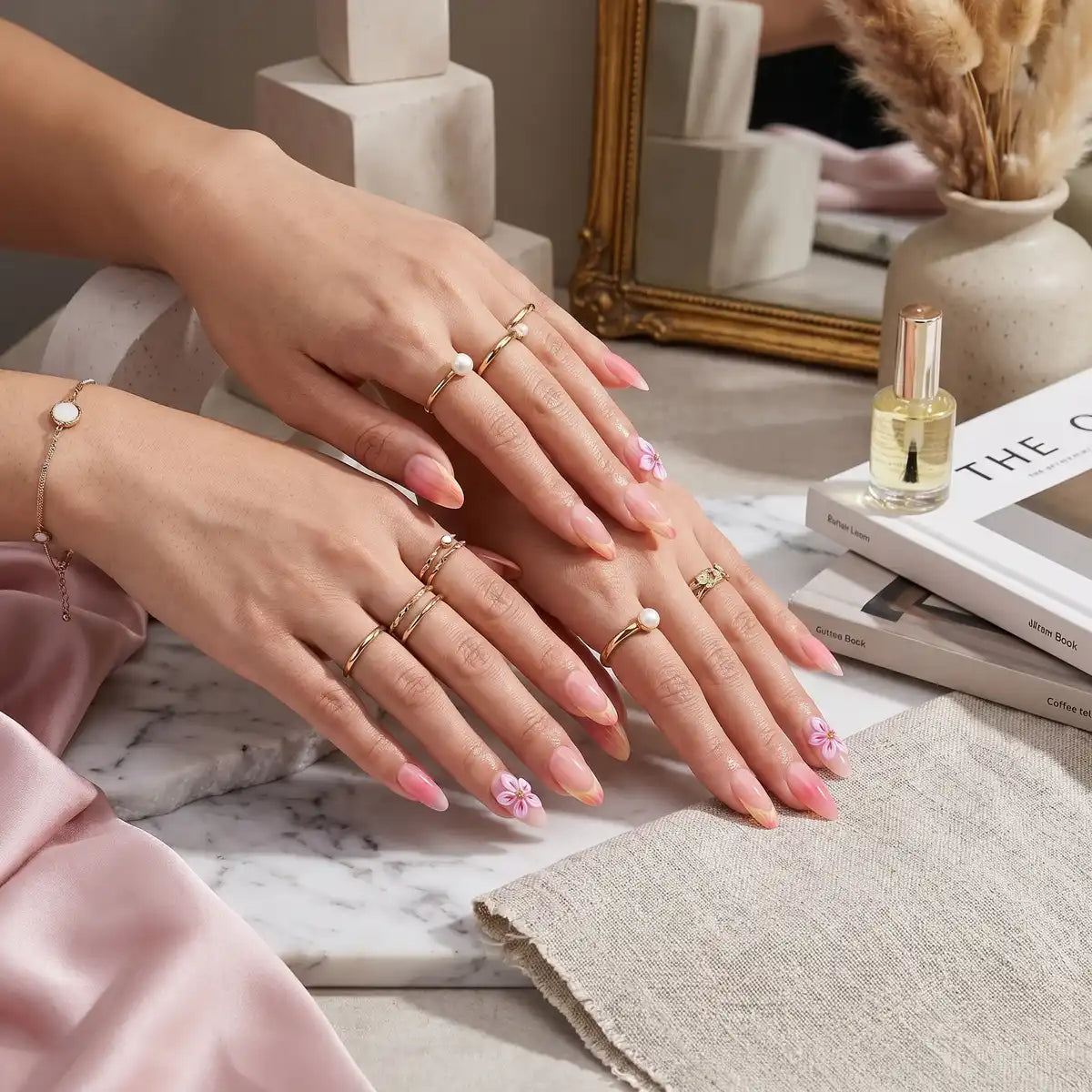 Kentrim Pink Gradient French Press On Nails with 3D Flowers - 24 Pieces (12 Sizes) Secondary image