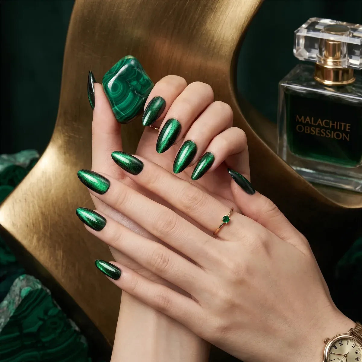 Kentrim Jelly Glue Green Kentrim Dark Green Cat Eye Almond Press On Nails - 24 Pieces (12 Sizes)