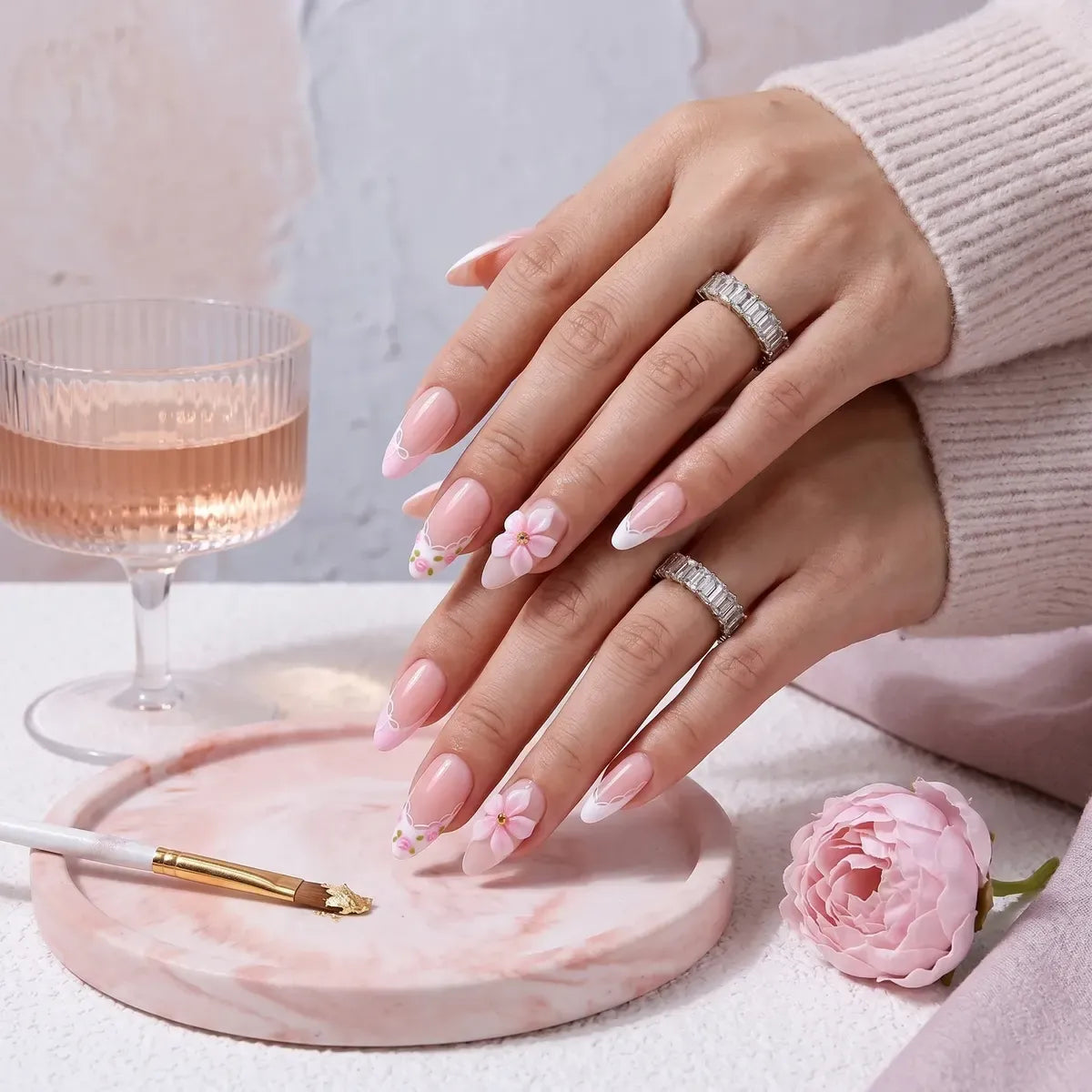 Kentrim Jelly Glue Pink Kentrim Nude Pink Lace & Rose French Press On Nails-24 Pieces (12 Sizes)