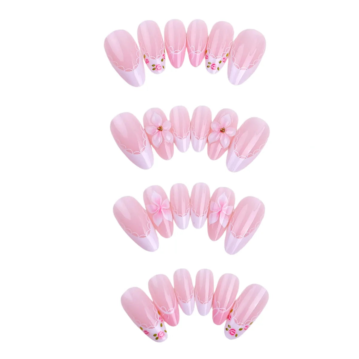 Kentrim nude pink lace and rose French press-on nails, 24-piece set with 12 sizes, elegant nail art for stylish fingertips. Main image