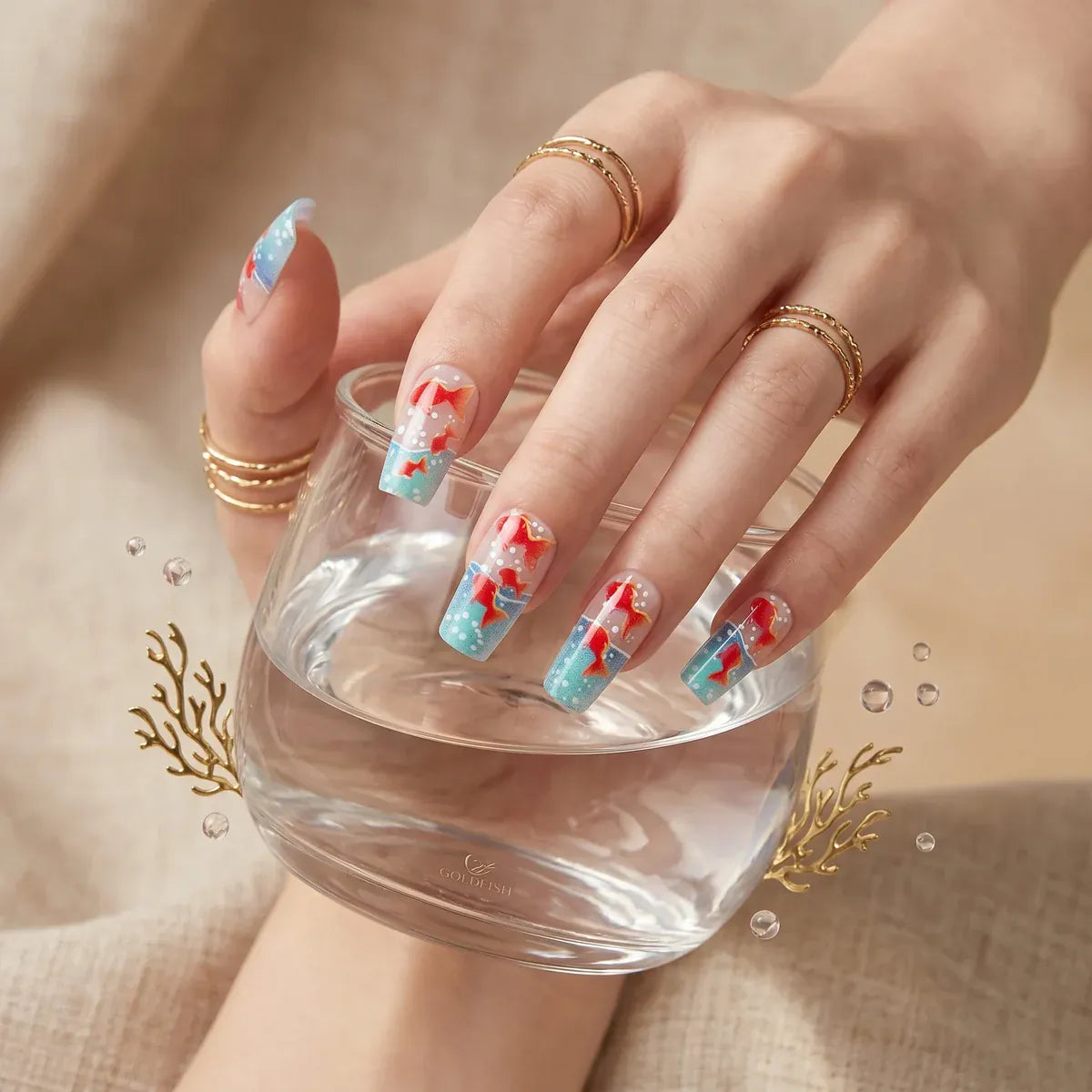 Kentrim Jelly Glue Blue Kentrim Koi Fish Water Gradient Medium Square Press On Nails - 24 Pieces (12 Sizes)