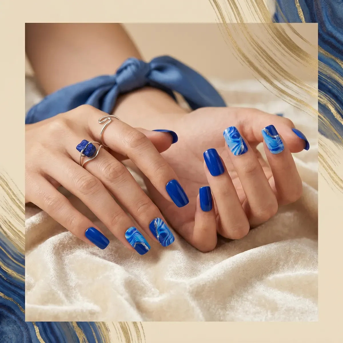 Kentrim Klein Blue Marble Medium Square Press On Nails - 24 Pieces (12 Sizes) Secondary image