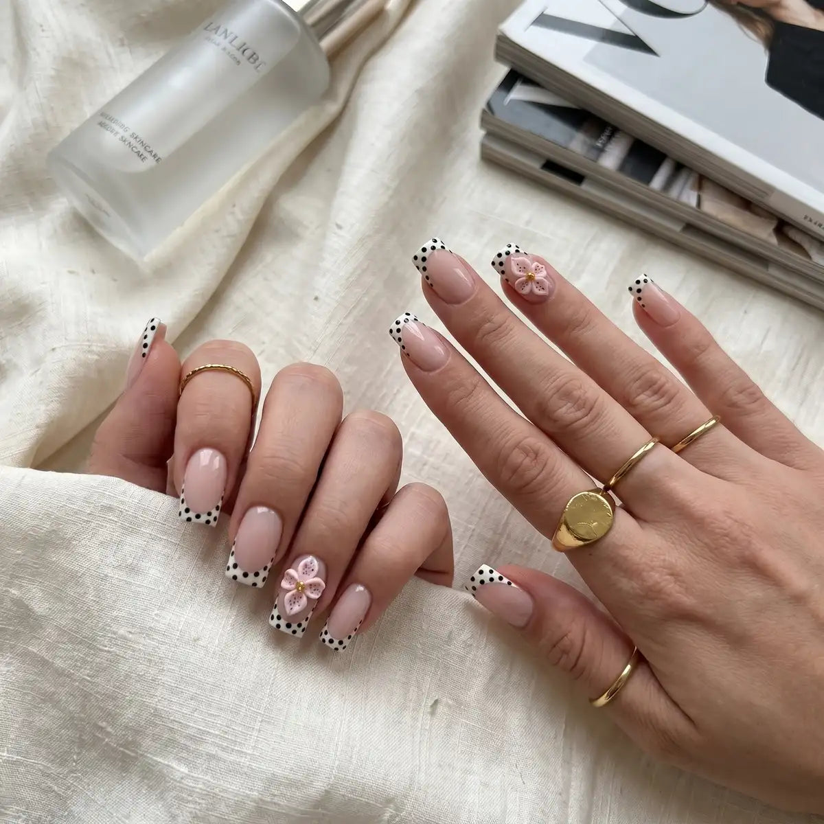 Kentrim Nude with Black Polka Dot French Tips & 3D Flower Press On Nails - 24 Pieces (12 Sizes) Secondary image