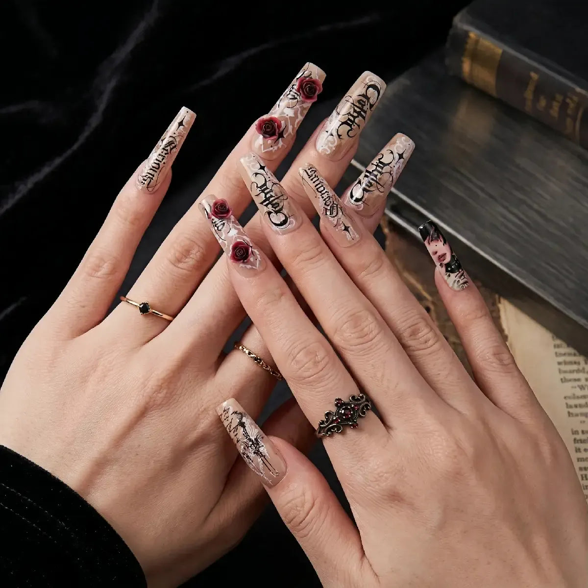 Kentrim Jelly Glue Red Kentrim Gothic Rose & Letter Print Press On Nails - 30 Pieces (15 Sizes)