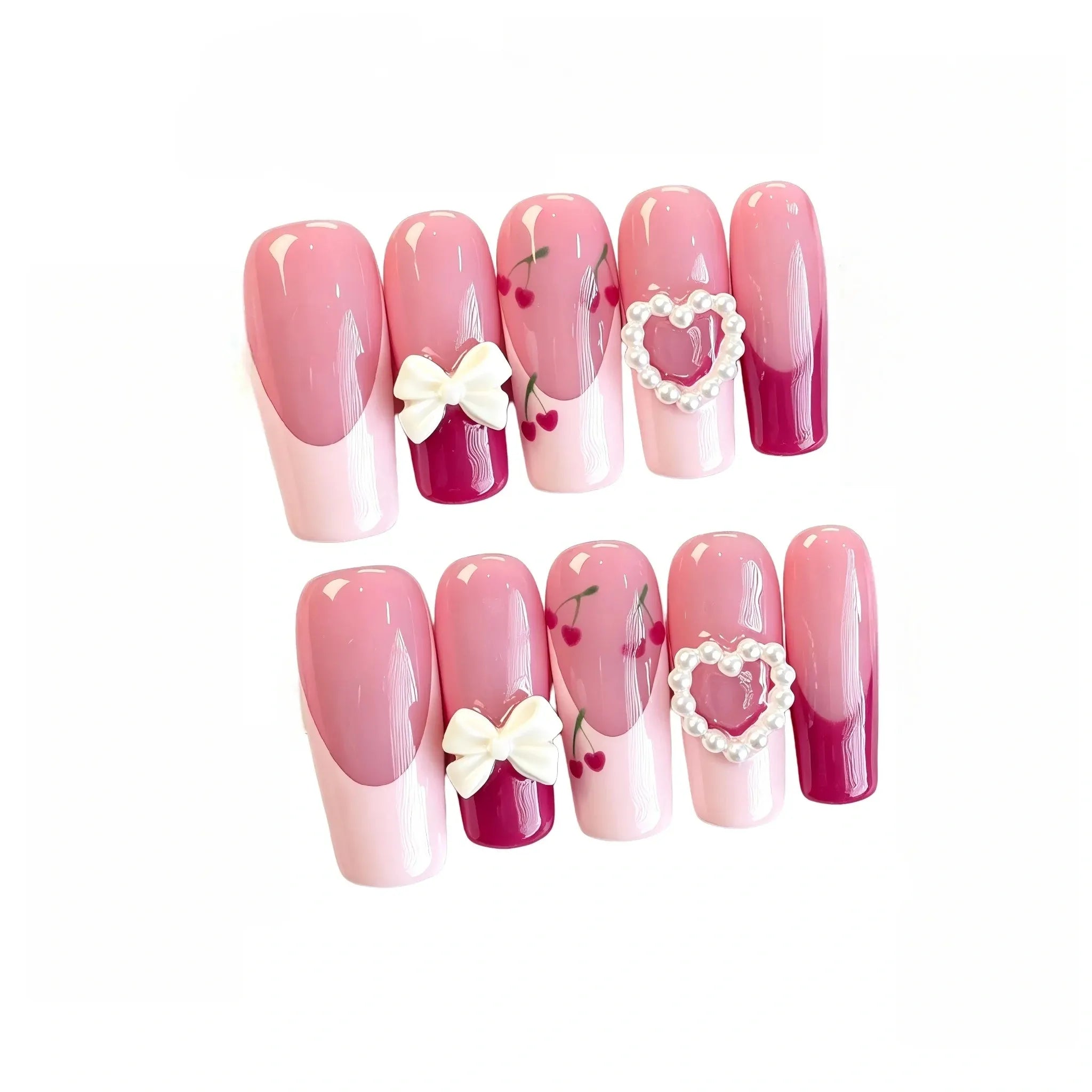 Cherry Press On Nails – Pink Ombre Bow Design 10 Pieces (Single Size) Secondary image
