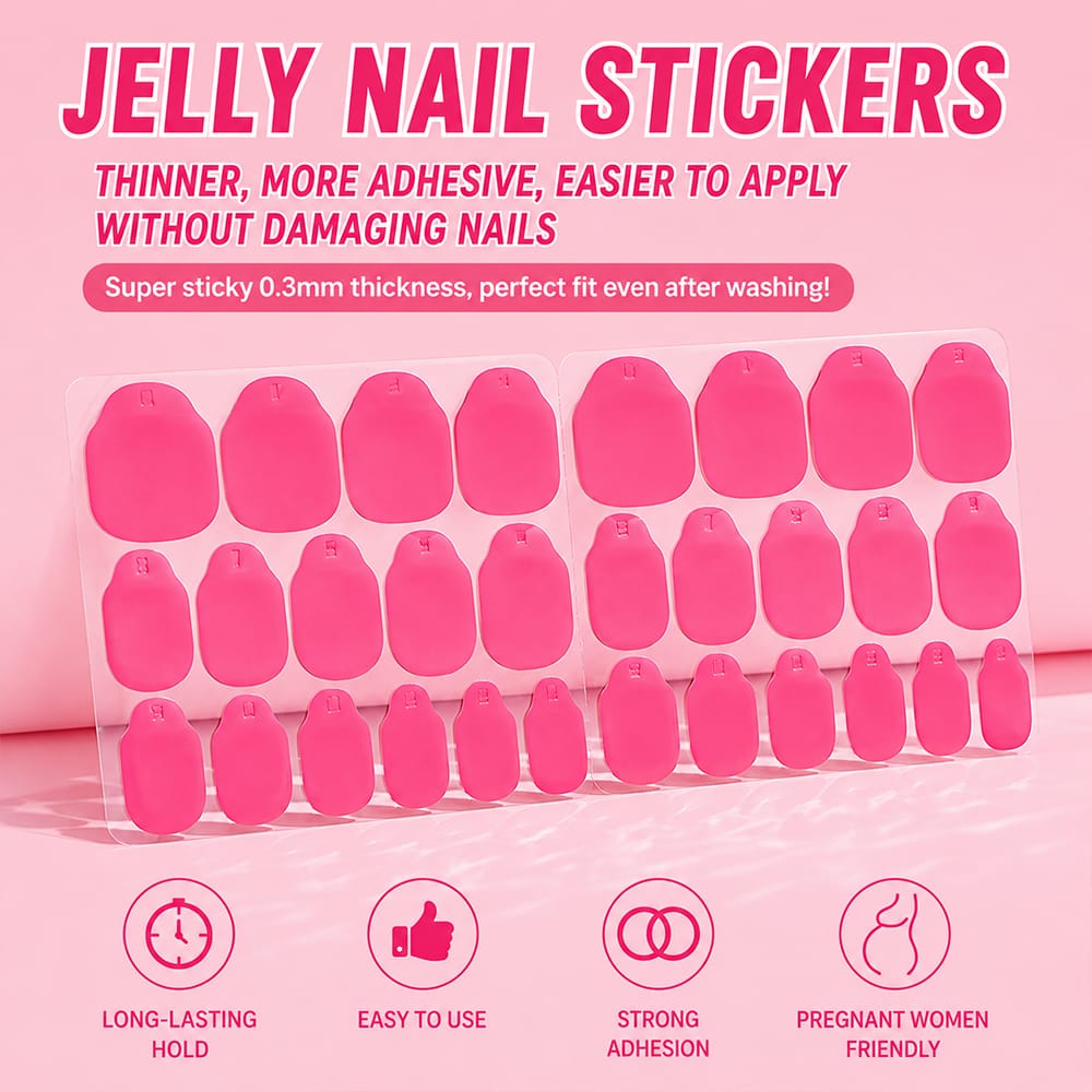 Nail Adhesive Tabs | Jelly Sticky Pads for Reusable Press On Nails, 24 Pcs, 15 Sizes