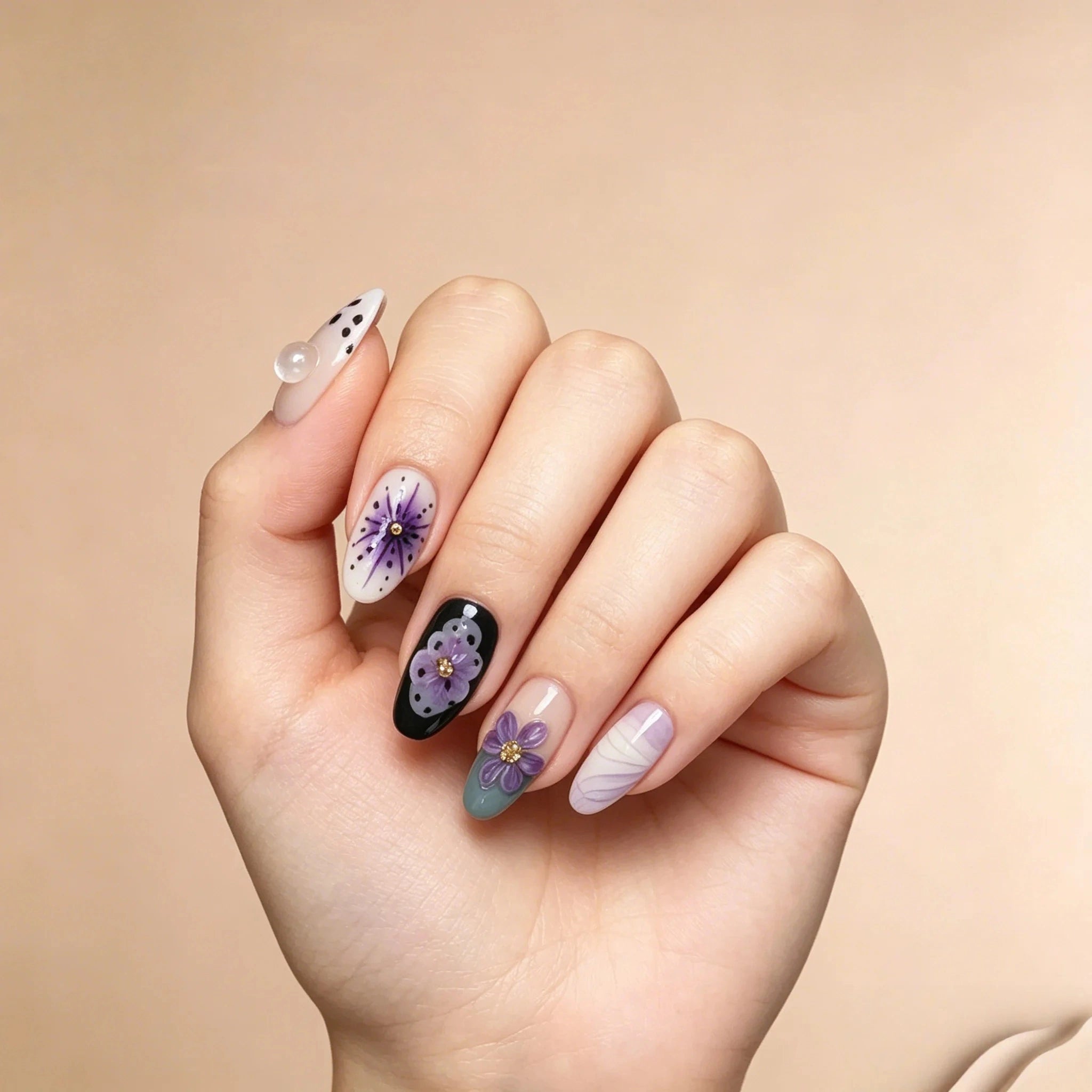 Kentrim Purple Floral Cow Print Press On Nails- 10 Pieces (Single Size)