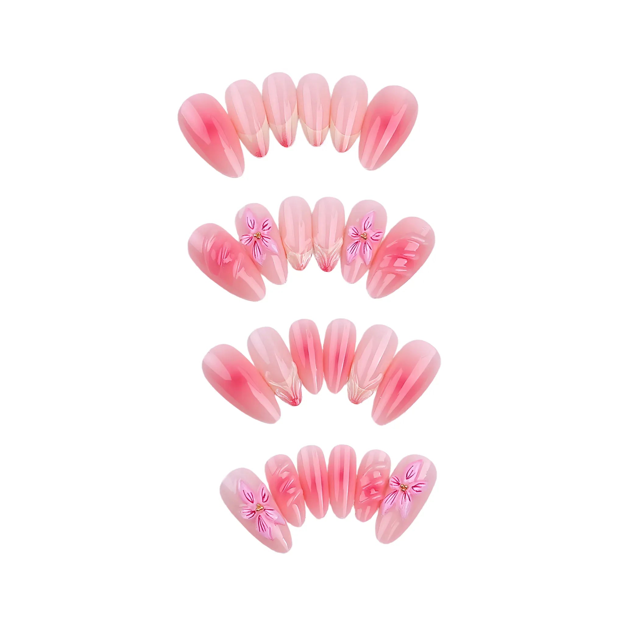 Kentrim pink gradient French press on nails with 3D flower designs, set of 24 press-on nails in 12 sizes, glossy finish. Main image