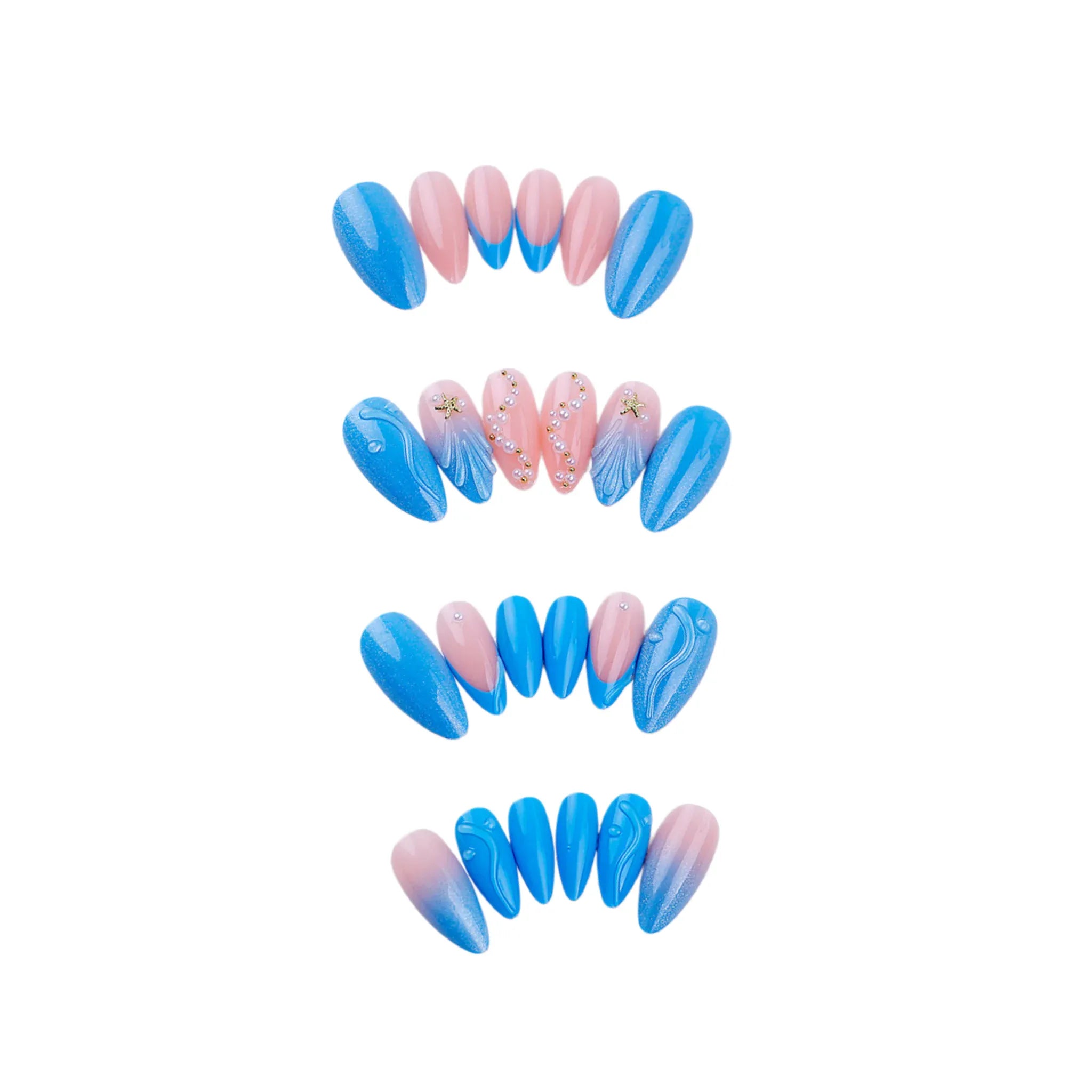 Kentrim ocean-themed blue and nude gradient press on nails with shell and starfish details, 24-piece set in various sizes Main image