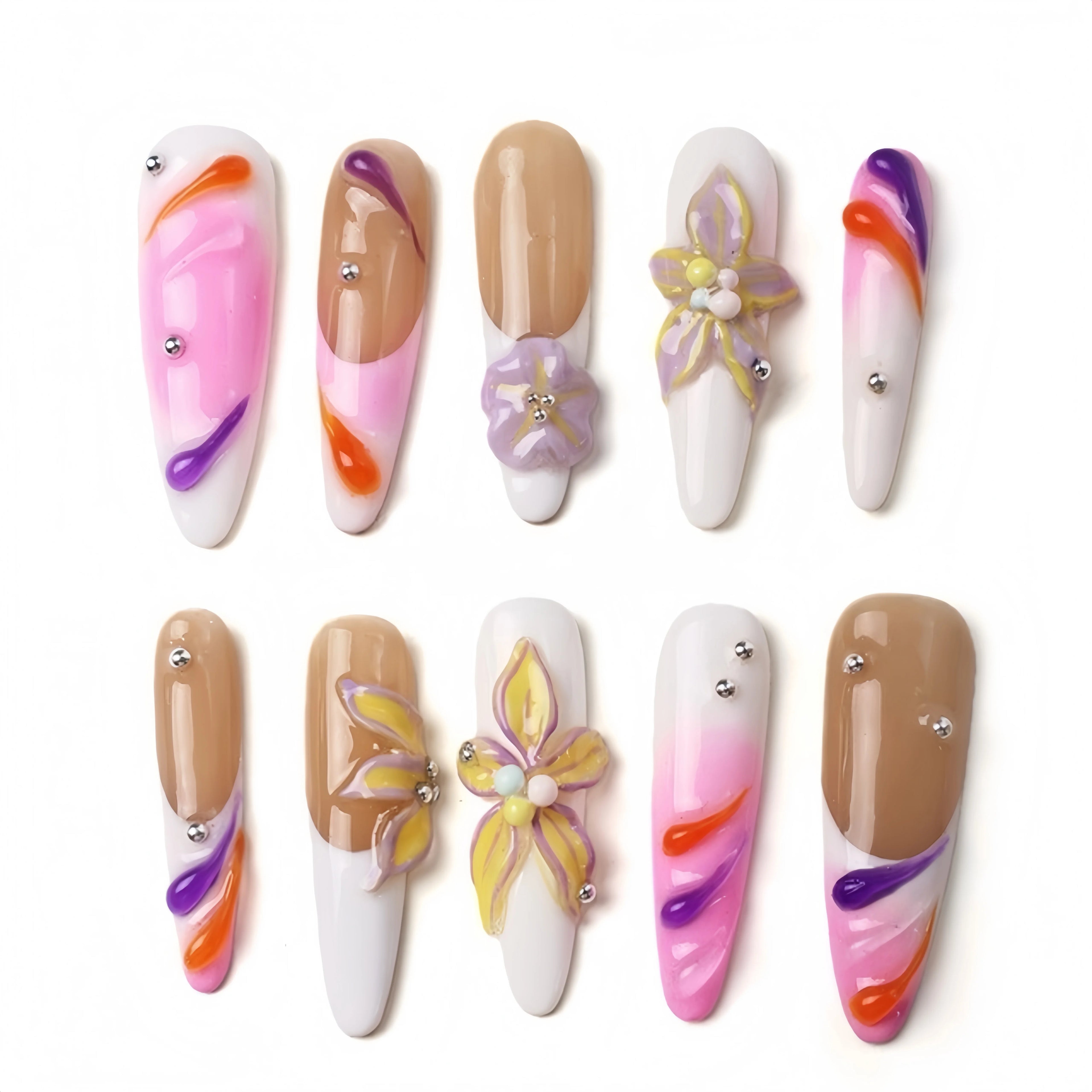 Kentrim 3D Floral Swirl Press On Nails- 10 Pieces (Single Size)
