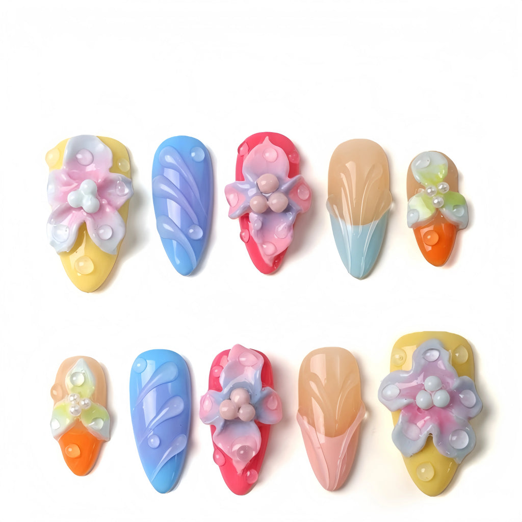 Kentrim Pastel Floral 3D Press On Nails- 10 Pieces (Single Size)
