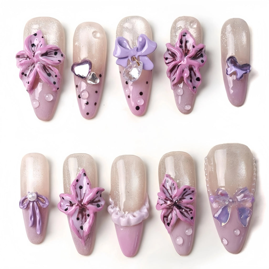 Kentrim Lavender 3D Flower & Bow Press On Nails- 10 Pieces (Single Size)