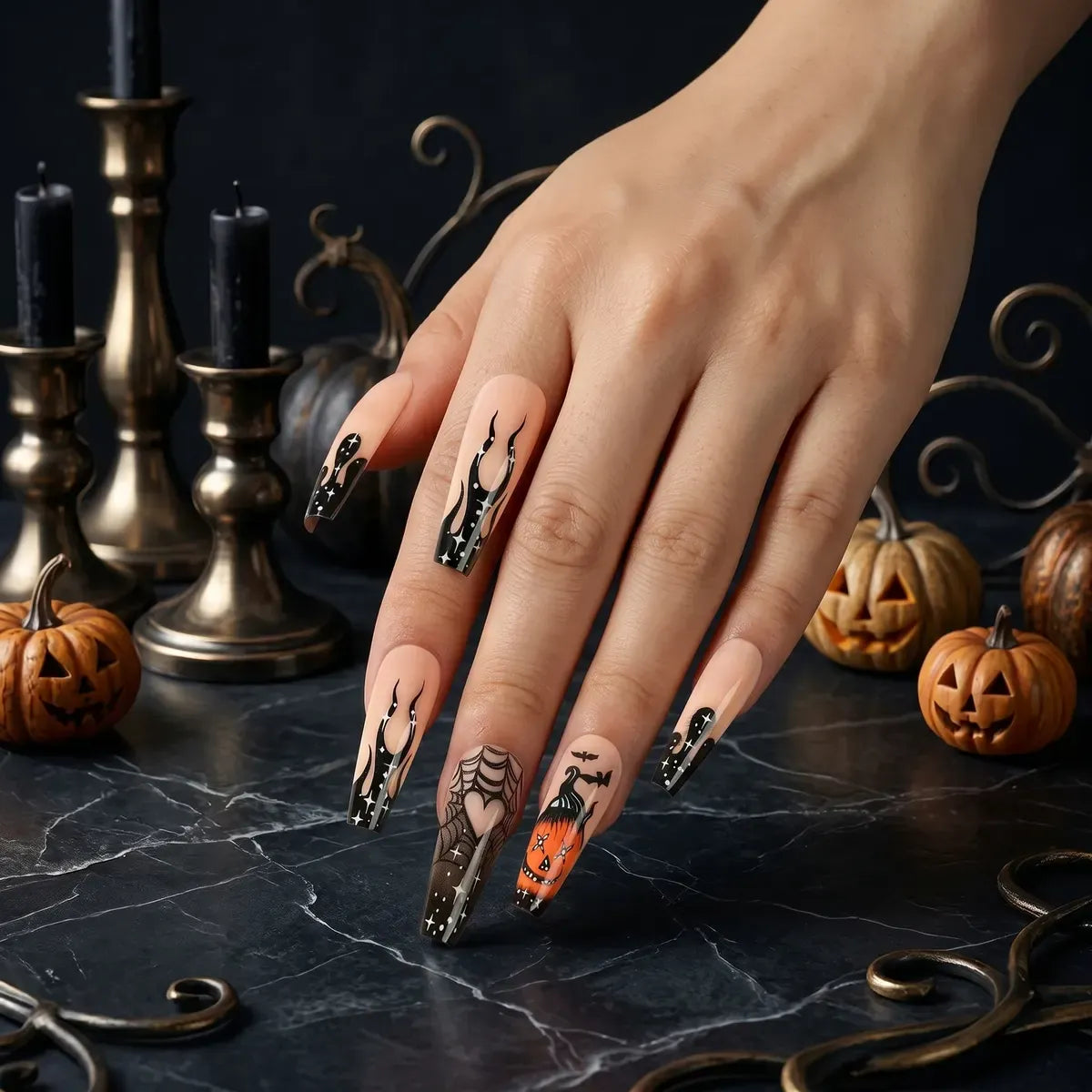 Kentrim Jelly Glue Black Kentrim Black Glitter Pumpkin Long Coffin Halloween Press On Nails - 24 Pieces (12 Sizes)