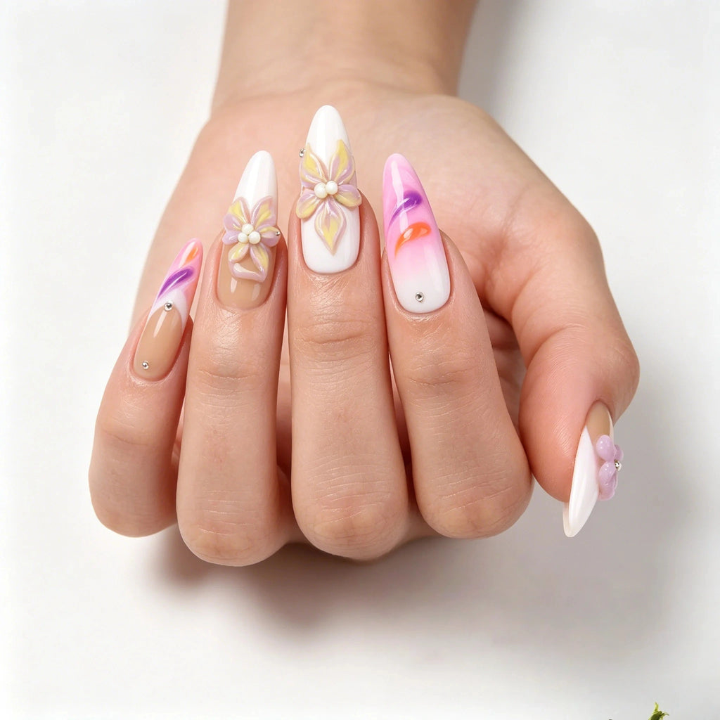 Kentrim 3D Floral Swirl Press On Nails- 10 Pieces (Single Size)