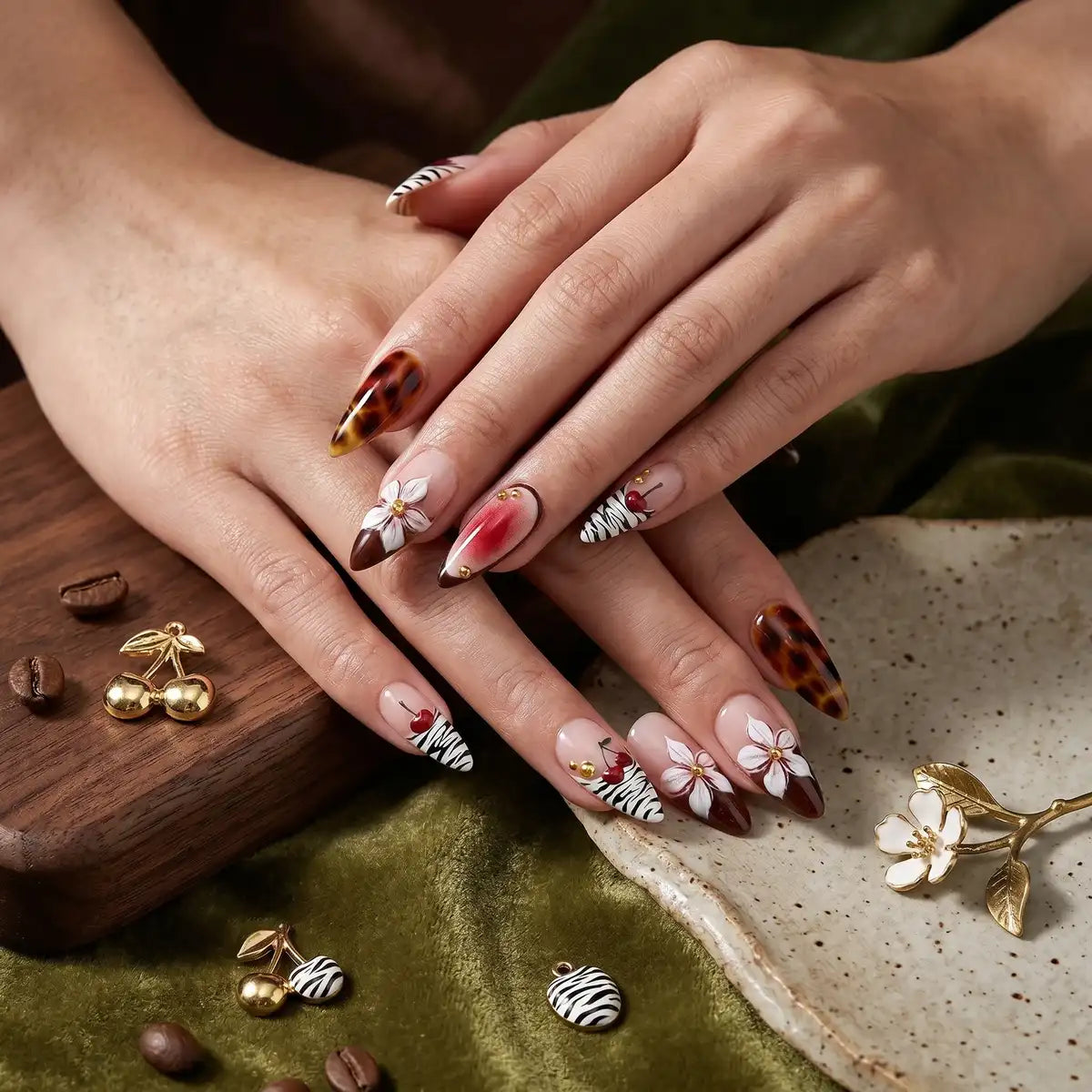 Kentrim Tortoiseshell Zebra Cherry Floral Press On Nails - 24 Pieces (12 Sizes) Secondary image