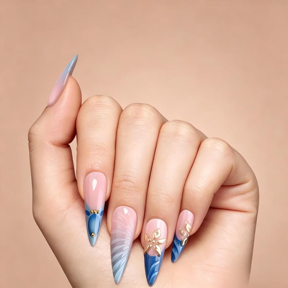Kentrim Blue Pink Ombre 3D Gold Flower Rhinestone Long Stiletto Press On Nails - 24 Pieces, 12 Sizes