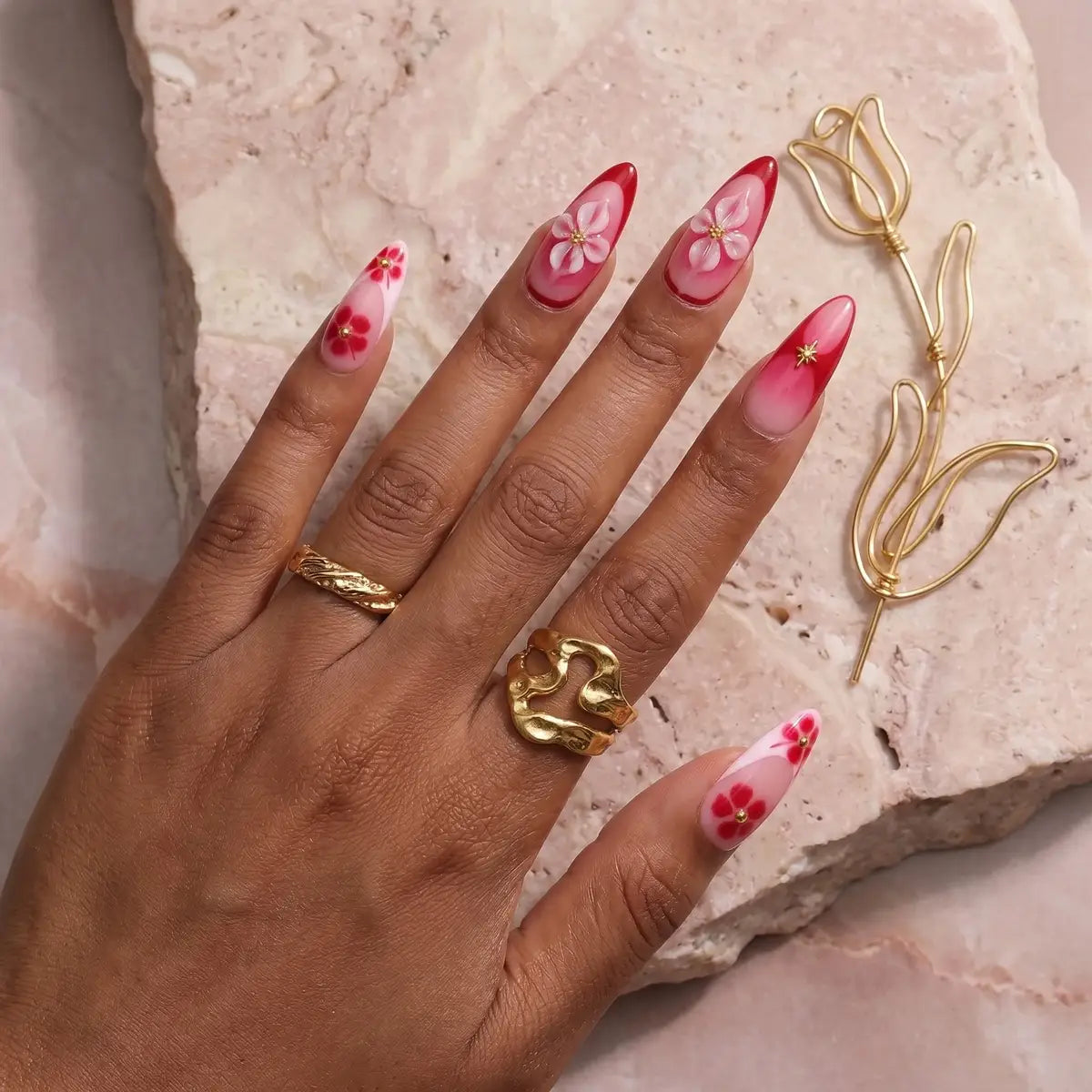 Kentrim Red Ombre Floral Almond Press On Nails-24 Pieces (12 Sizes)