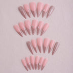 Kentrim Jelly Glue Pink Kentrim Nude Pink Stiletto Press On Nails with Metallic Ribbon & Pearl Accents - 24 Pieces (12 Sizes)