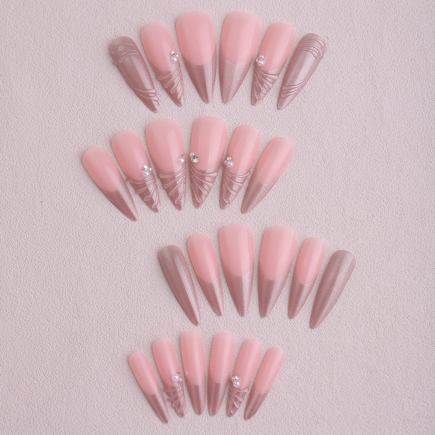 Kentrim Jelly Glue Pink Kentrim Nude Pink Stiletto Press On Nails with Metallic Ribbon & Pearl Accents - 24 Pieces (12 Sizes)