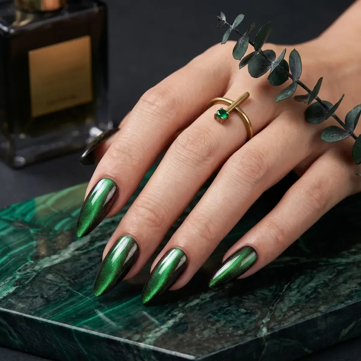 Kentrim Jelly Glue Green Kentrim Dark Green Cat Eye Almond Press On Nails - 24 Pieces (12 Sizes)