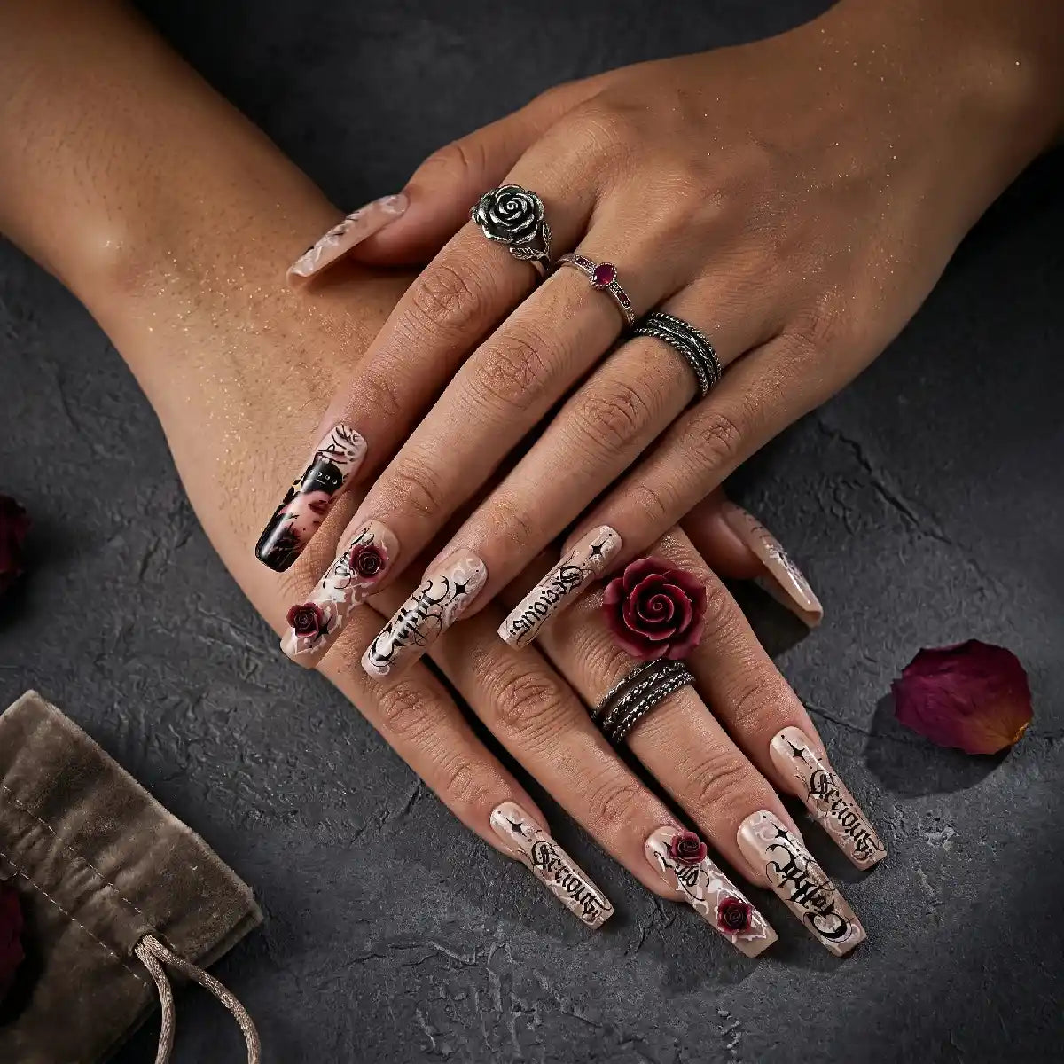 Kentrim Jelly Glue Red Kentrim Gothic Rose & Letter Print Press On Nails - 30 Pieces (15 Sizes)