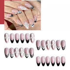 Kentrim Nude Black French Tip 3D Flower Rhinestone Medium Almond Press On Nails - 24 Pieces, 12 Sizes