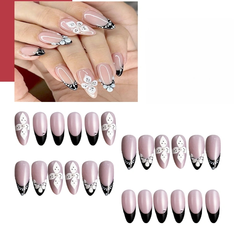 Kentrim Nude Black French Tip 3D Flower Rhinestone Medium Almond Press On Nails - 24 Pieces, 12 Sizes