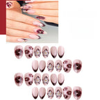 Kentrim Nude Pink Black French Tip Floral Medium Almond Press On Nails - 24 Pieces, 12 Sizes