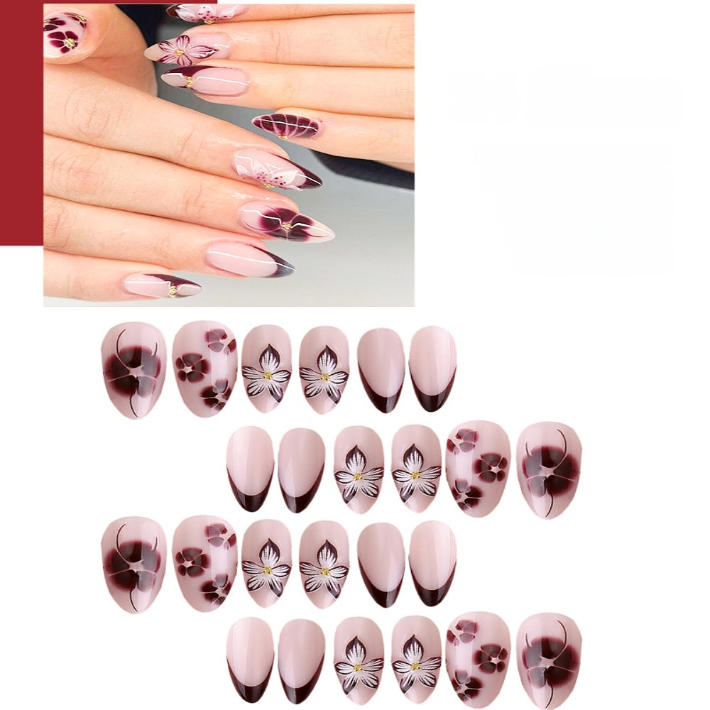 Kentrim Nude Pink Black French Tip Floral Medium Almond Press On Nails - 24 Pieces, 12 Sizes