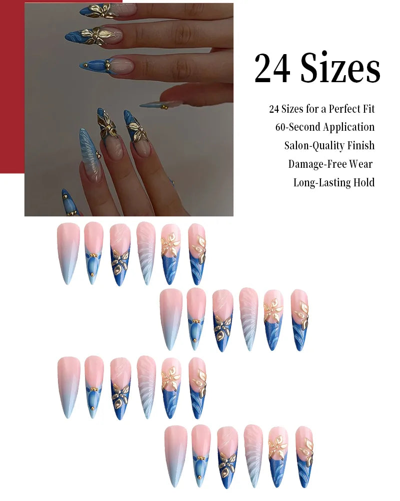 Kentrim Blue Pink Ombre 3D Gold Flower Rhinestone Long Stiletto Press On Nails - 24 Pieces, 12 Sizes