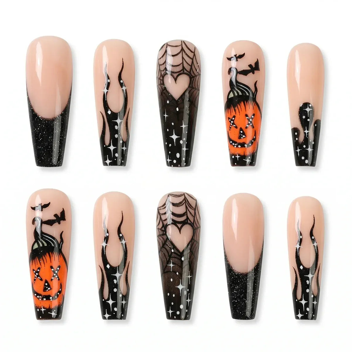 Kentrim Jelly Glue Black Kentrim Black Glitter Pumpkin Long Coffin Halloween Press On Nails - 24 Pieces (12 Sizes)