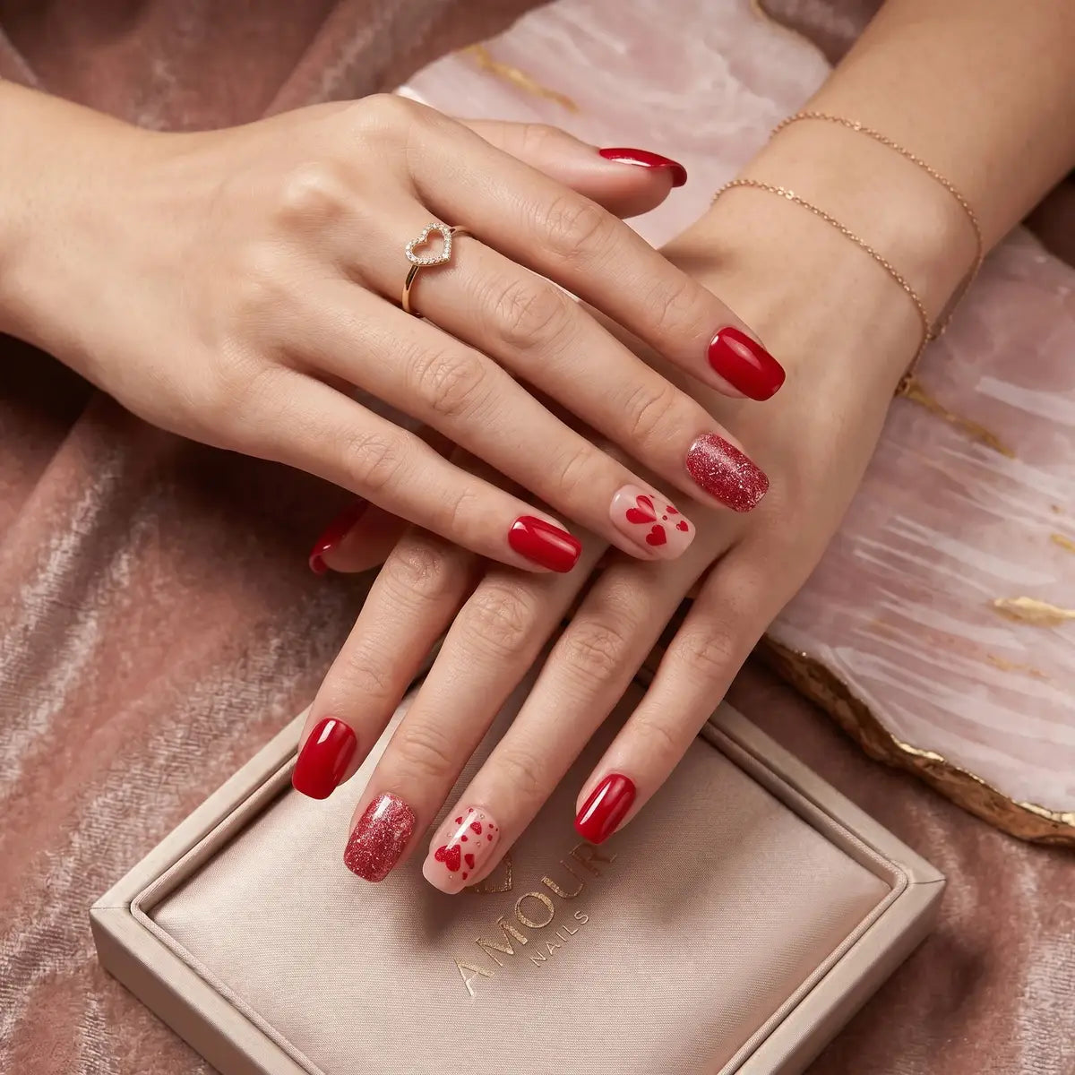 Kentrim Jelly Glue Red Kentrim Valentine's Day Red Heart Short Square Press On Nails - 24 Pieces (12 Sizes)