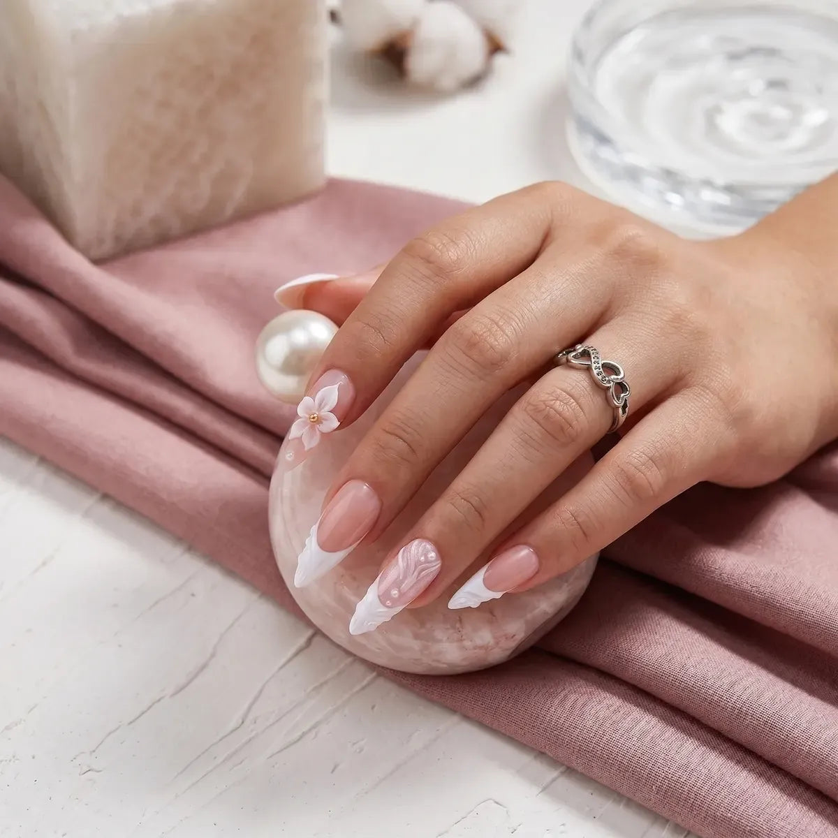 Kentrim Jelly Glue Kentrim Nude with White French Tips & 3D Flower Press On Nails - 24 Pieces (12 Sizes)