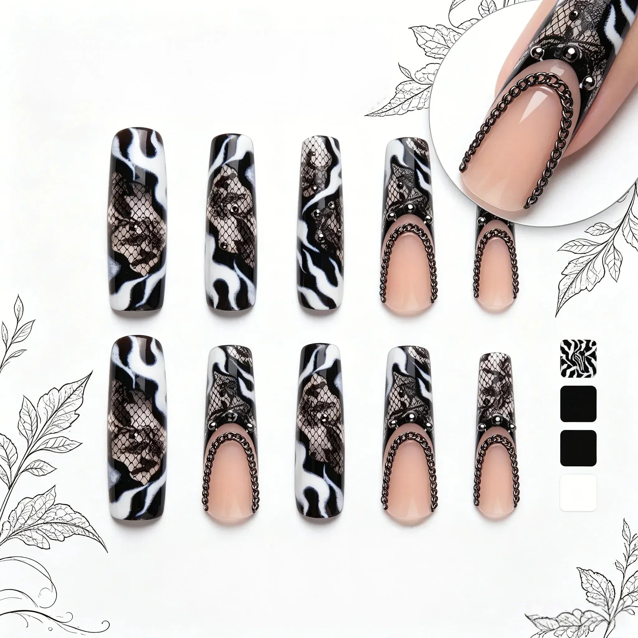 Kentrim Jelly Glue Dark black Kentrim Snake Print French Tip Press On Nails - 30 Pieces (15 Sizes)