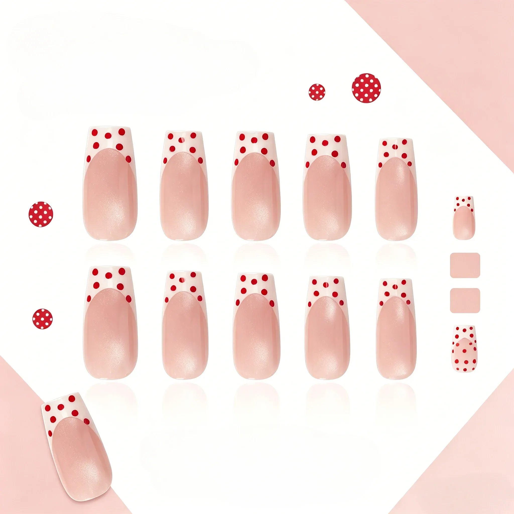 Kentrim Jelly Glue Pink Kentrim Red Polka Dot French Tip Press On Nails - 30 Pieces (15 Sizes)