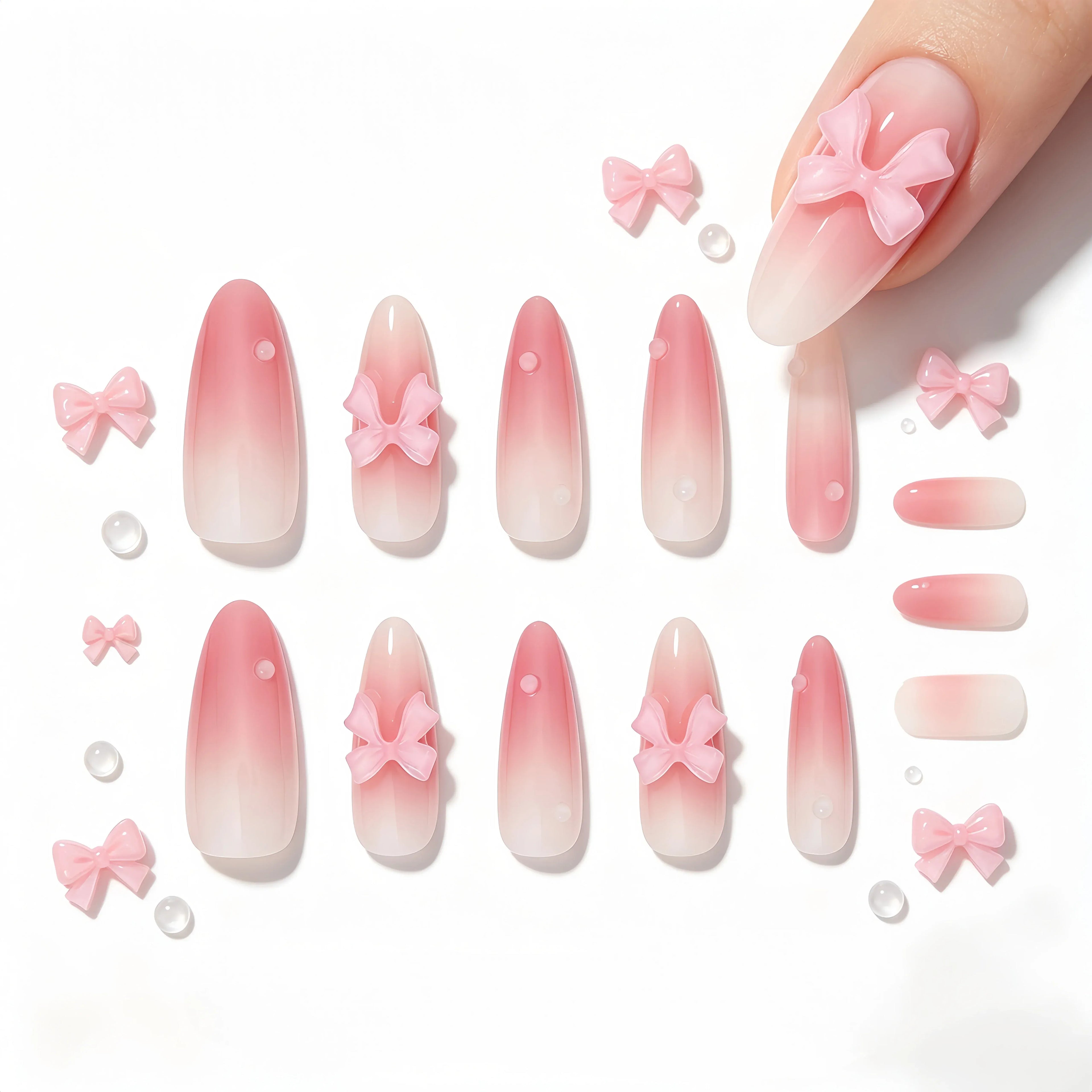 Kentrim Jelly Glue Pink Kentrim Pink Gradient Bow Press On Nails - 30 Pieces (15 Sizes)