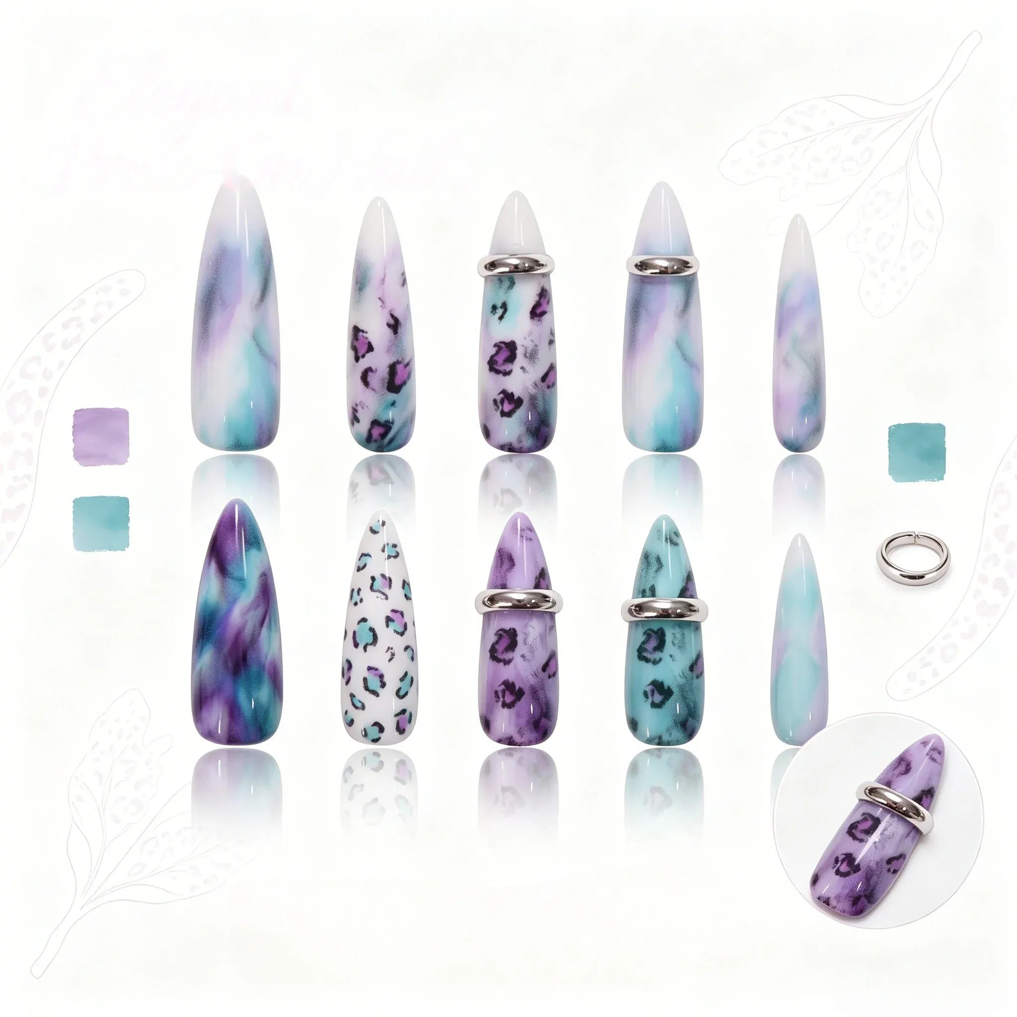 Kentrim Jelly Glue Purple Kentrim Tie-Dye Leopard Print Press On Nails with Silver Rings - 30 Pieces (15 Sizes)
