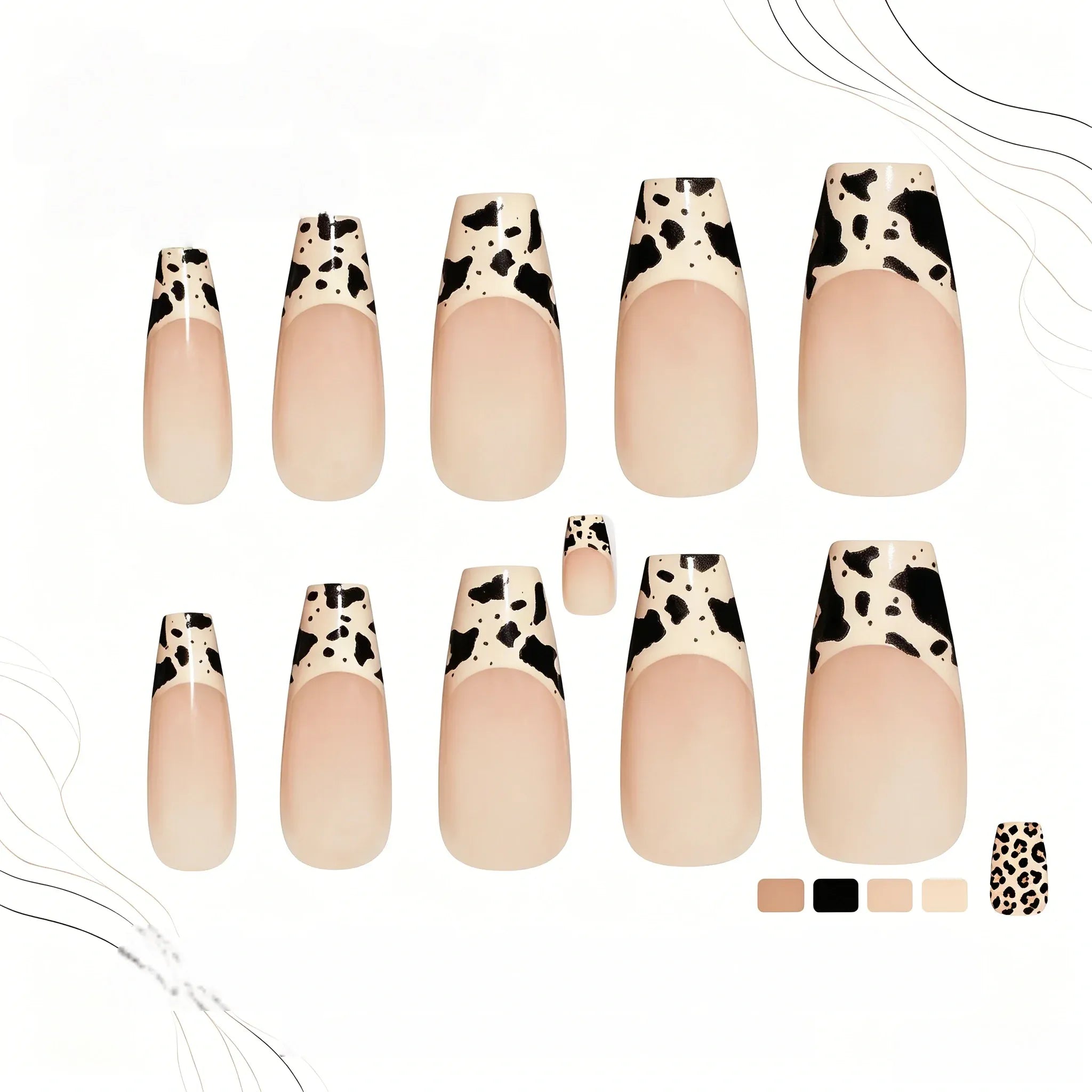 Kentrim Jelly Glue White Kentrim Cow Print French Tip Press On Nails - 30 Pieces (15 Sizes)